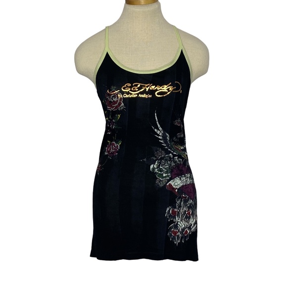 NEW ED HARDY by Christian Audigier Retro Love Kills Slowly Peacock Rose Dress M - Picture 1 of 14